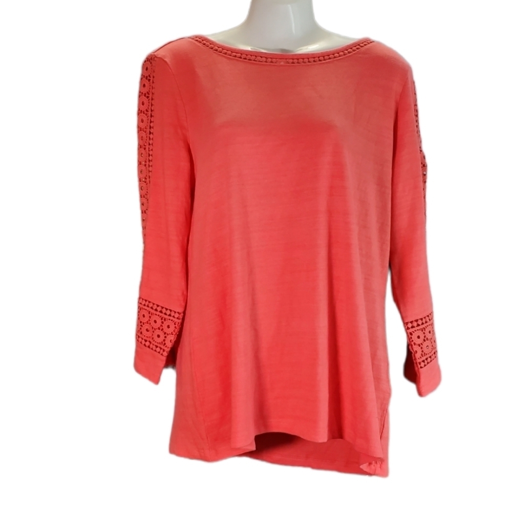 NEW CHARTER CLUB coral crochet sleeve top M